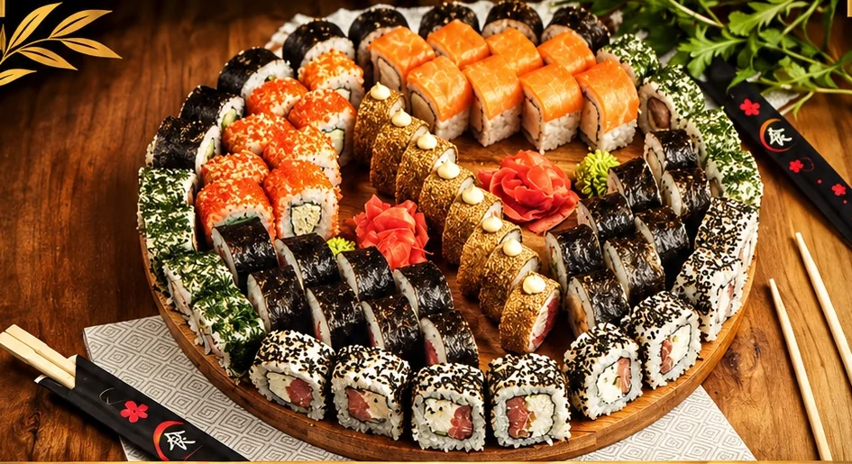 Sushi-Platte mit verschiedenen Maki und Inside-Out Rolls