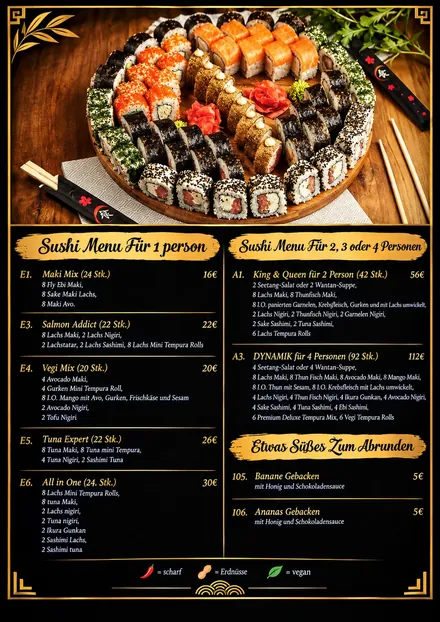 LY LY Speisekarte, Seite 1: Sushi-Menüs & Desserts