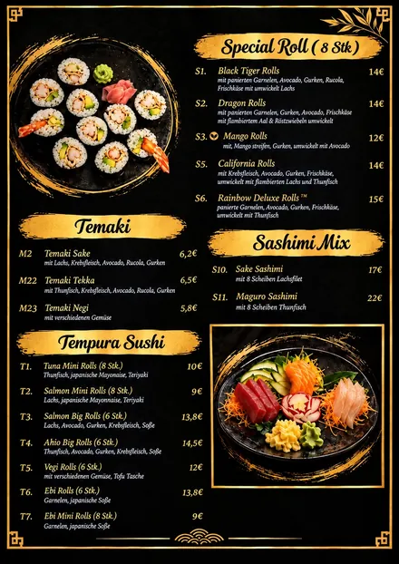 LY LY Speisekarte, Seite 2: Special Rolls, Temaki & Sashimi