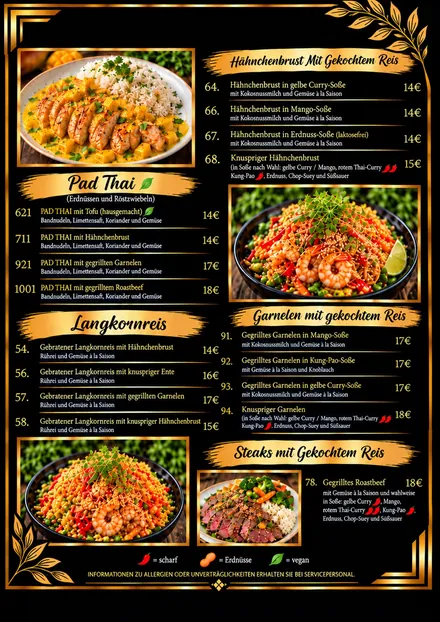 LY LY Speisekarte, Seite 4: Hauptgerichte & Pad Thai